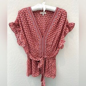 MAX STUDIO | Red Geometric Print Ruffles Boho Waist Tie Peplum Blouse | Large